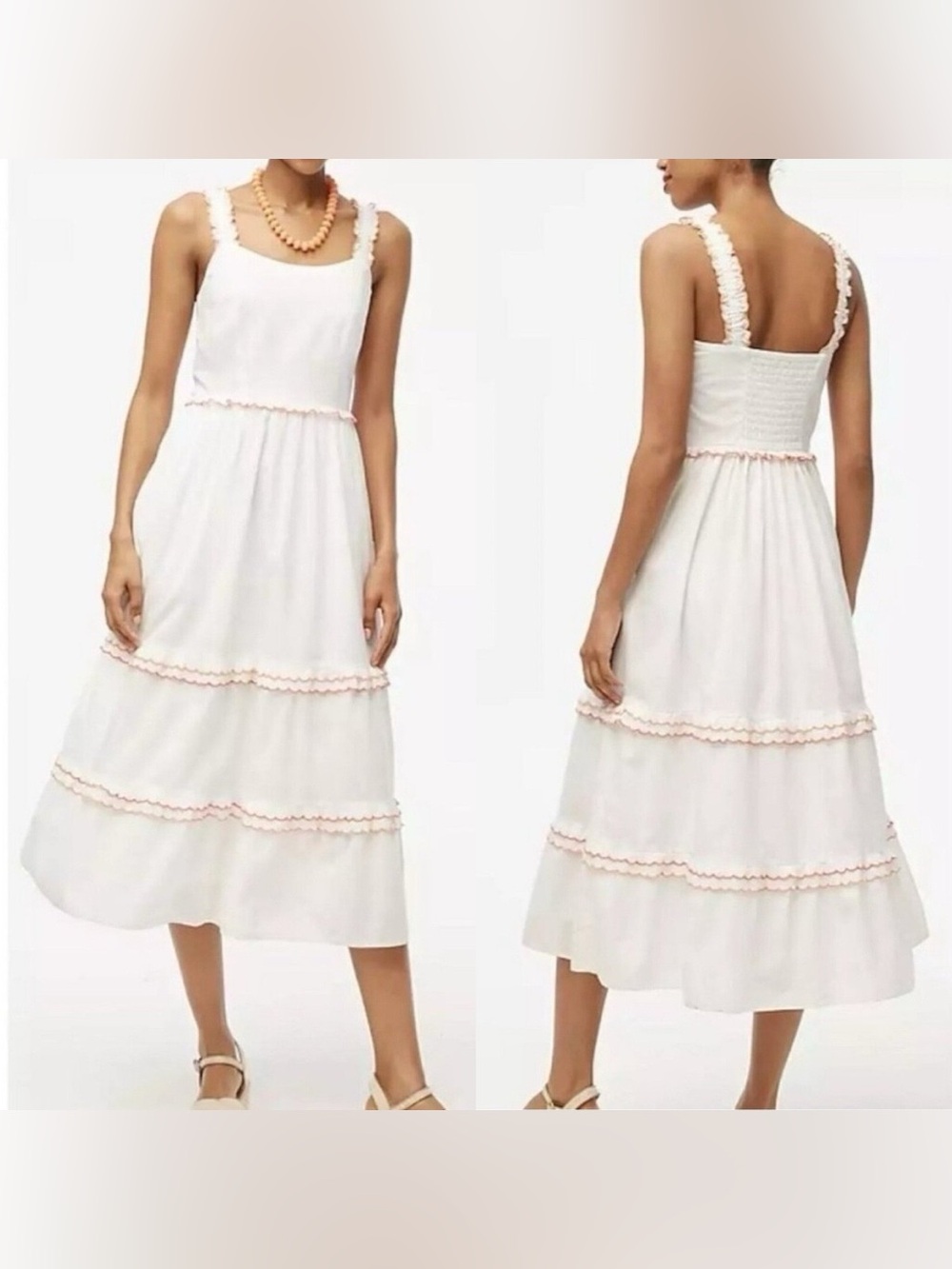 J Crew White Tiered Sundress with Pink Trim - Sleeveless Summer Dress size 4